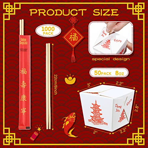 8 oz Chinese Take out Boxes with Chopsticks, Pagoda Paper Food Containers with Sleeved and Separated Disposable Chopsticks for Asian Party Decorations Favor Birthday Wedding Restaurant (50 Sets)