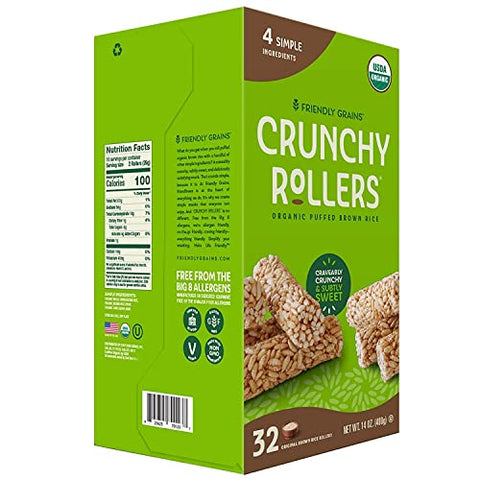 Friendly Grains - Crunchy Rollers - Organic Rice Healthy Snack Crispy Puffed Rice Rolls for Adults and Kids - Original Brown Rice (16 packs of 2)