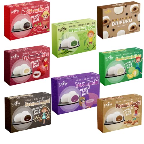 Japanese Mochi 8 Variety Pack: Boba Milk Tea, Taro, Sesame, Hamimelon, Lychee, Green Tea, Peanut & Red Bean in Fusion Select Gift Box