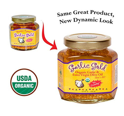Garlic Gold Organic Toasted Garlic Granules in Extra Virgin Olive Oil, Crunchy Garlic in Olive Oil, Glass Jar 6.4 oz
