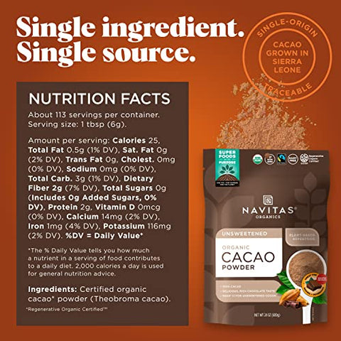 Navitas Organics Organic Cacao Powder, Non-GMO, Fair Trade, Gluten-Free, 24 Ounce