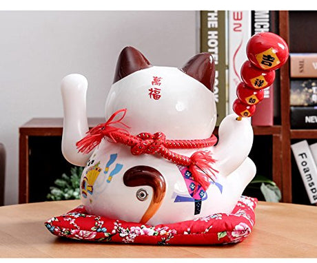 Large Size Ceramic Thriving Business Maneki Neko Lucky Cat（Beckoning Cat） with Sugarcoated Haws on a Stick,Best Gift for Business Opening,Feng Shui Decor Attract Wealth and Good Luck