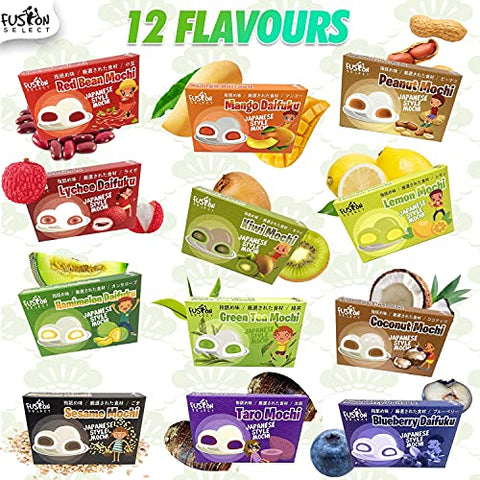 Japanese Mochi 8 Variety Pack: Boba Milk Tea, Taro, Sesame, Hamimelon, Lychee, Green Tea, Peanut & Red Bean in Fusion Select Gift Box