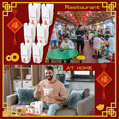 8 oz Chinese Take out Boxes with Chopsticks, Pagoda Paper Food Containers with Sleeved and Separated Disposable Chopsticks for Asian Party Decorations Favor Birthday Wedding Restaurant (50 Sets)