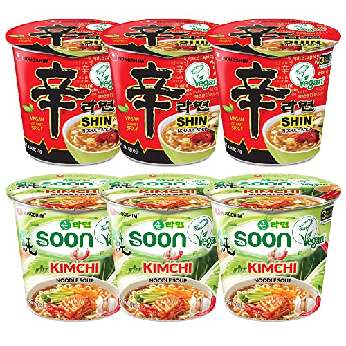 Nongshim Vegan Noodle Cup Combo Shin Ramyun Noodle Soup 3 packs + Soon Kimchi Noodle Soup 3 packs / Total 6 Packs