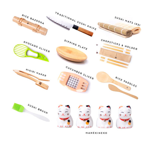 Alas Complete 20 Piece Sushi Making Set - Kit for Beginners & Pros with Knife, 2 Mats, Rice Bazooka and Dipping Plate
