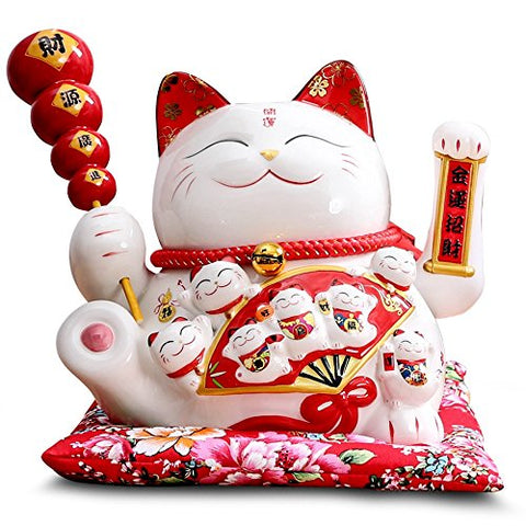 Large Size Ceramic Thriving Business Maneki Neko Lucky Cat（Beckoning Cat） with Sugarcoated Haws on a Stick,Best Gift for Business Opening,Feng Shui Decor Attract Wealth and Good Luck