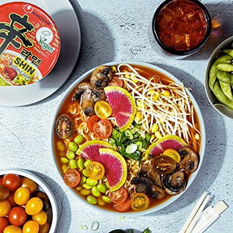 Nongshim Gourmet Spicy Vegan Shin Instant Noodle Soup Mix Cup, 6 Pack, Microwaveable Vegan Meatless Ramen