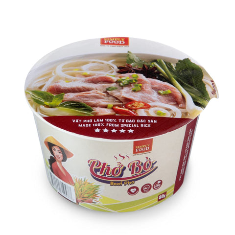 SIMPLY FOOD Instant Vietnamese Beef Pho Noodles (Phở Bò) - 9 BOWLS/ 80g each – Authentic Pho Rice Noodles in a Savory Beef Flavored BrothBeef Flavored Instant Pho Noodle Bowl - (Pack of 9)