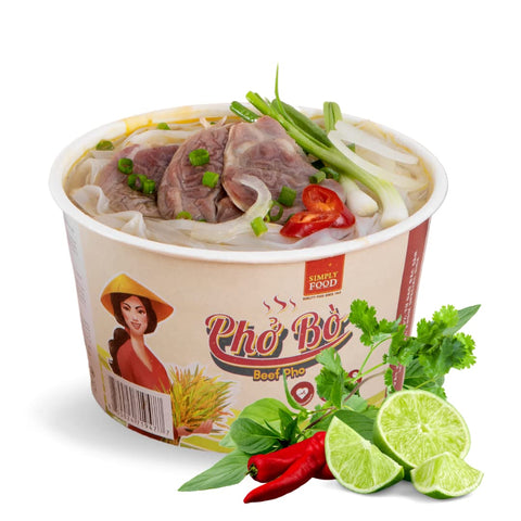 SIMPLY FOOD Instant Vietnamese Beef Pho Noodles (Phở Bò) - 9 BOWLS/ 80g each – Authentic Pho Rice Noodles in a Savory Beef Flavored BrothBeef Flavored Instant Pho Noodle Bowl - (Pack of 9)