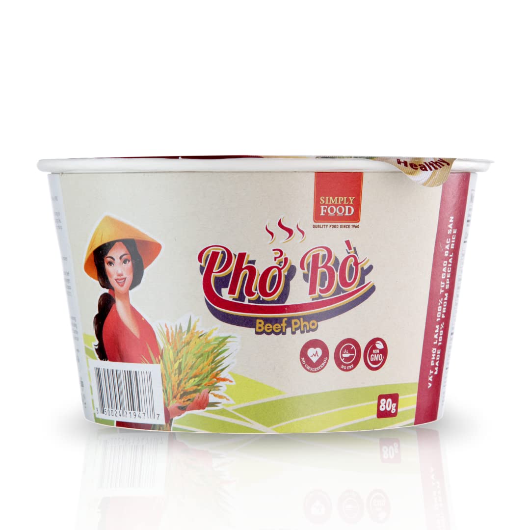 SIMPLY FOOD Instant Vietnamese Beef Pho Noodles (Phở Bò) - 9 BOWLS/ 80g each – Authentic Pho Rice Noodles in a Savory Beef Flavored BrothBeef Flavored Instant Pho Noodle Bowl - (Pack of 9)