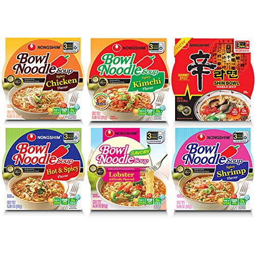 Nongshim Bowl Instant Noodle Soup Assorted Bundle Sampler | 6 Flavors: Shin Bowl, Lobster, Spicy Shrimp, Spicy Kimchi, Spicy Chicken, Hot & Spicy (6 - Pack)