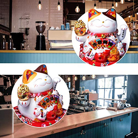 RandJ 8‘’ Cute Ceramic Waving Lucky cat Fortune Cat Ornament Large Size Manekineko Cat Collectible Figurine Home&Shop Decorations Business Gift Present