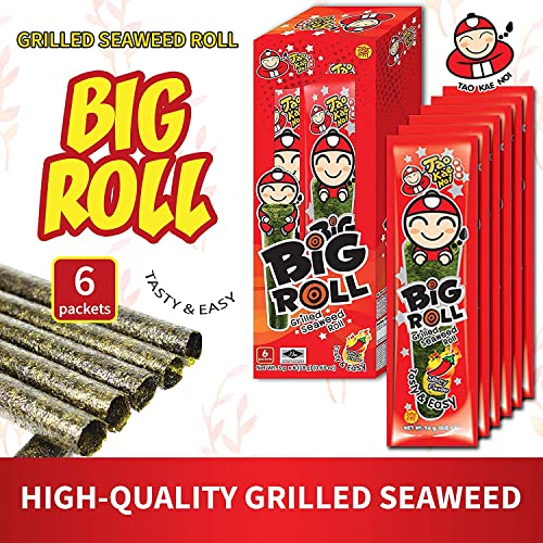 Big Roll Grilled Seaweed Snacks by Tao Kae Noi, Spicy Flavor Grilled Seaweed Rolls, Healthy Nori Sheet Rolls for Kids and Adults, 6 pack, 3g Bags