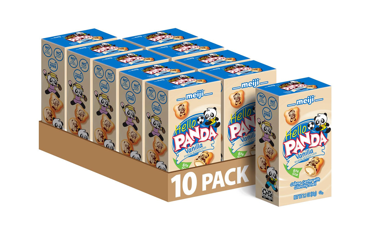 MEIJI Hello Panda Cookies, Vanilla Crème Filled - 2.1 oz, Pack of 10 - Bite Sized Cookies with Fun Panda Sports