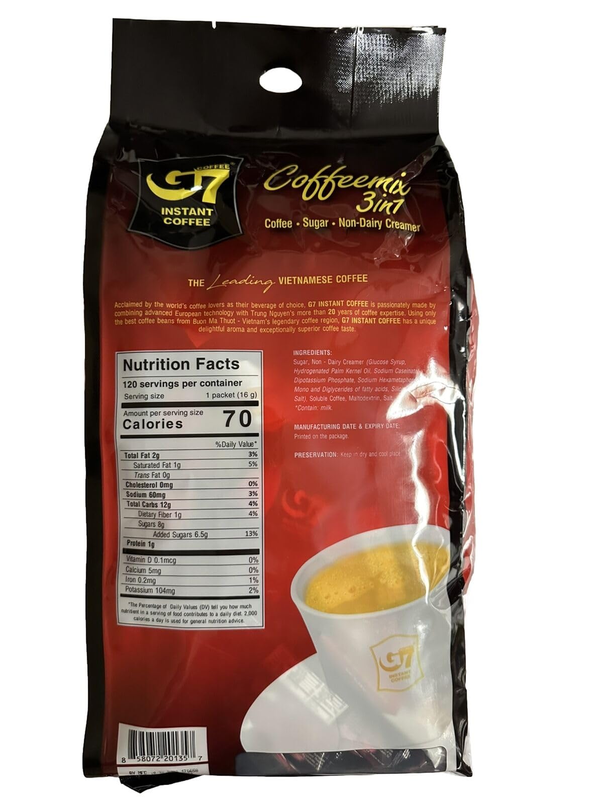 G7 Instant Coffee 3-In-1, Trung Nguyen - 120 packs - .56oz/pack