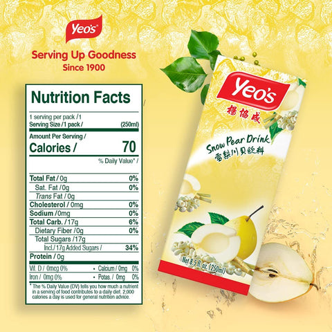 Yeo's Snow Pear Drink, 8.5 Oz (Pack of 24) - No Added Flavoring, Natural Energy Drink, Full of Antioxidants and Minerals, Premium Grade