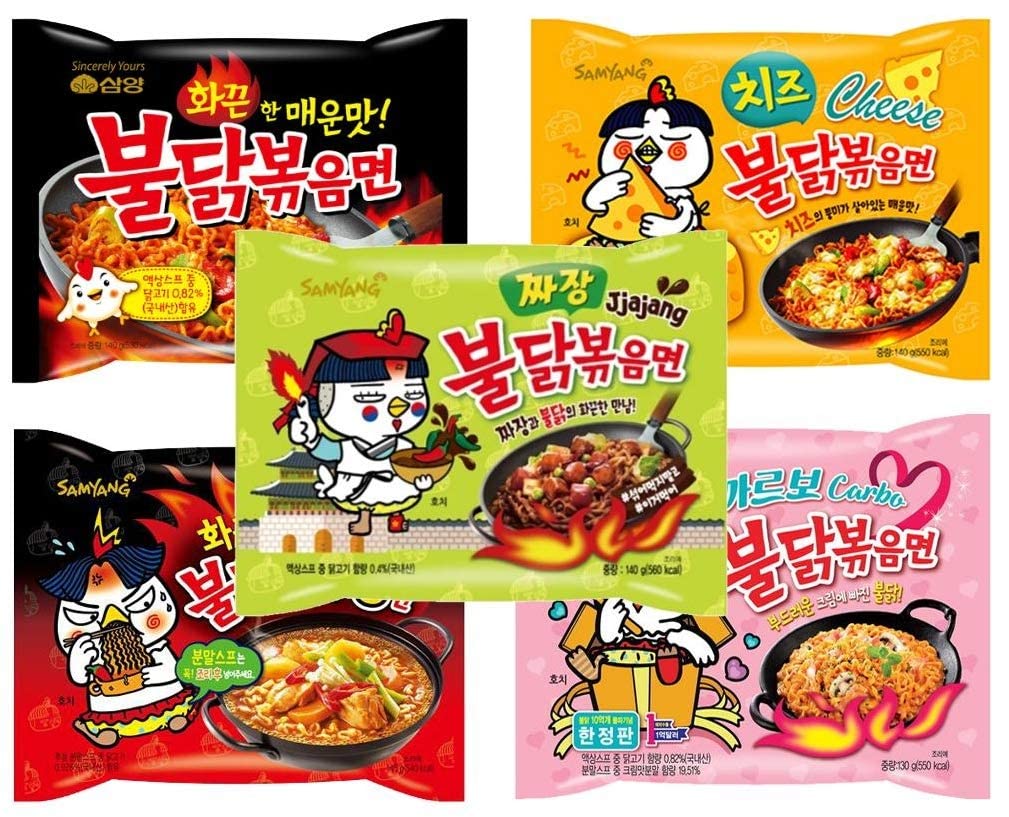 Samyang Buldak Chicken Stir Fried Ramen Korean Ramen (5 Flavor Combo, 5 Pack)