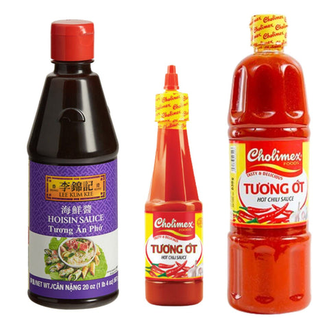 Vietnamese Hot Chilli Sauce 0.8 Oz (250g) and Vietnamese Hot Chilli Sauce 1.8 Lbs (850g) Refill + Traditional Vegetarian Hoisin Sauce 1.4 Lbs (567g) - Seen In Vietnamese Traditional Pho Restaurant - Pack of 3