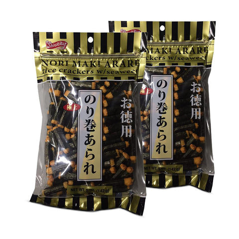 Shirakiku Japanese Nori Maki Arare Rice Crackers with Seaweed | Glutinous Rice, Soy Sauce, Wheat, and Seaweed | Crispy and Savory Cracker Snacks, Seaweed Flavor, 5 Oz - (Pack of 2)