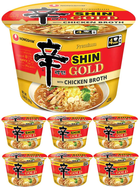Nongshim Premium Shin Gold with Chicken Broth Ramen Bowls Bundle. Includes Six - 3.56 Oz Noodle Soup