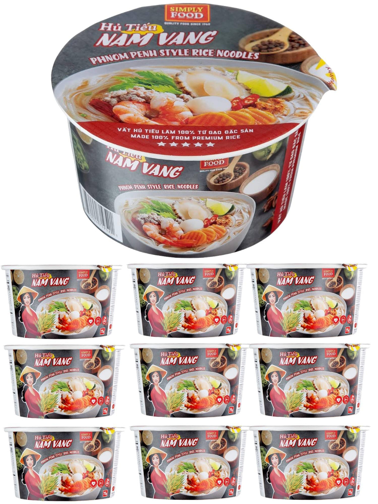 Instant Phnom Penh Rice Noodles Bunble - 2.6 Oz (Hủ Tiếu Nam Vang) - Vietnamese Rice Noodles in Pork Broth Soup! Bowls are Gluten Free!