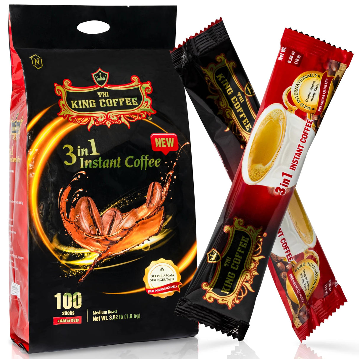 TNI King Coffee 3 in 1 Instant Vietnamese Coffee, 100 Single Serve Packets - Individual Pocket Size Sachet Sticks - Blended with Coffee, Cream Powder and Sugar - Bulk Size Pack