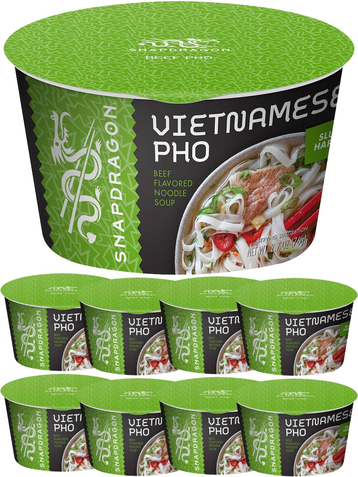 Instant Pho Noodle Bowls Bundle. Includes Nine - 2.7 Oz Snapdragon Vietnamese Pho Bowls in Beef Broth Soup! Our Bowls are 15% Bigger than Other Package.