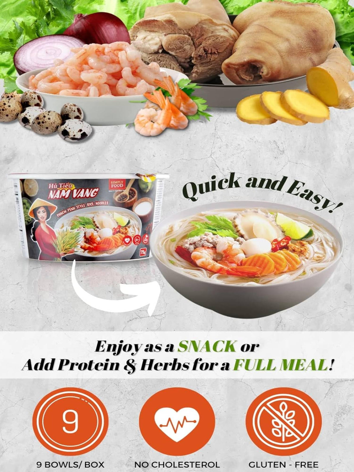 Instant Phnom Penh Rice Noodles Bunble - 2.6 Oz (Hủ Tiếu Nam Vang) - Vietnamese Rice Noodles in Pork Broth Soup! Bowls are Gluten Free!