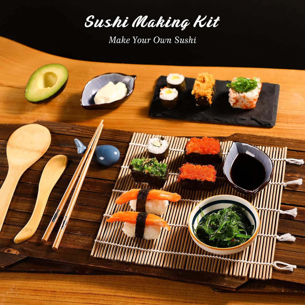 Delamu Sushi Making Kit, Bamboo Sushi Mat, Including 2 Sushi Rolling Mats, 5 Pairs of Chopsticks, 1 Paddle, 1 Spreader, 1 Beginner Guide PDF, Beginner Sushi Kit, Sushi Plates