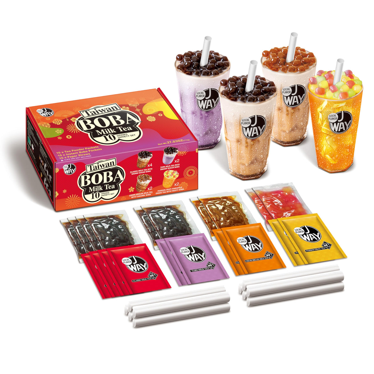 J WAY Instant Boba Bubble Pearl Variety Milk Fruity Tea Kit with Authentic Brown Sugar Caramel Tapioca Boba, Ready in Under One Minute, Paper Straws Included - Gift Box - 10 Servings