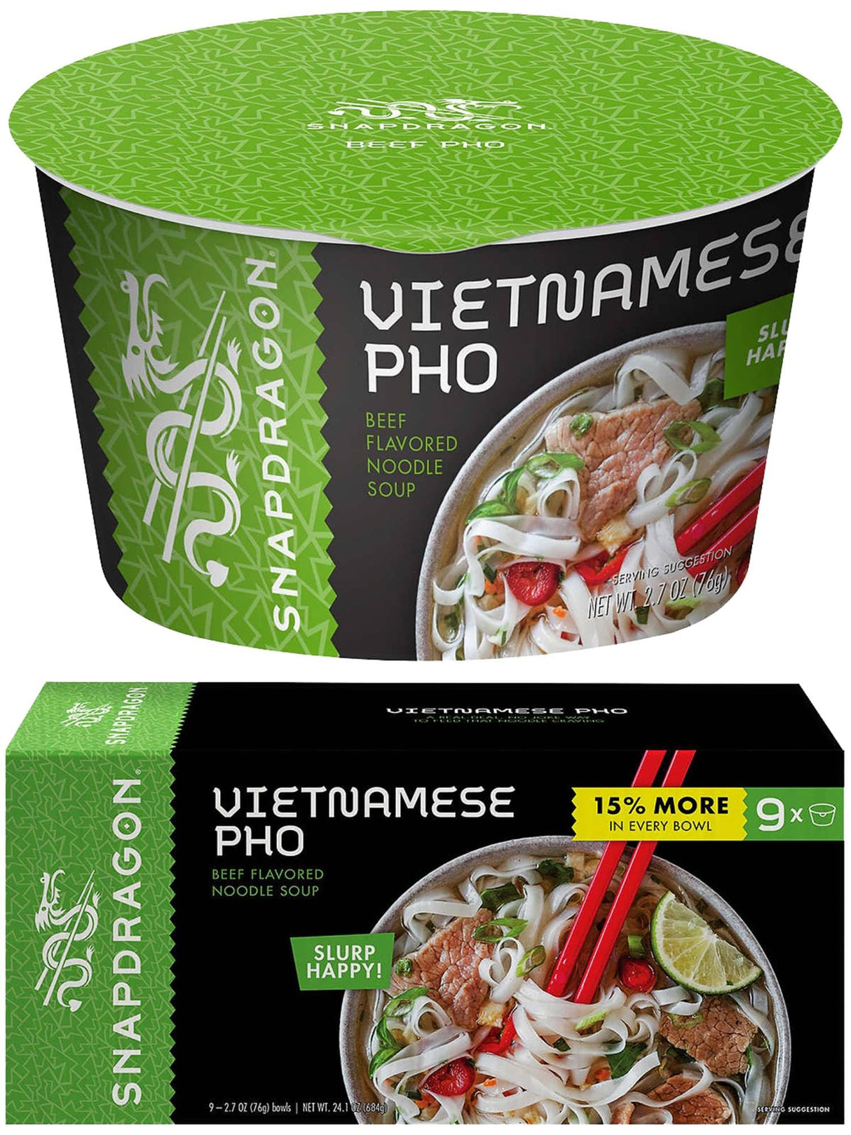 Instant Pho Noodle Bowls Bundle. Includes Nine - 2.7 Oz Snapdragon Vietnamese Pho Bowls in Beef Broth Soup! Our Bowls are 15% Bigger than Other Package.