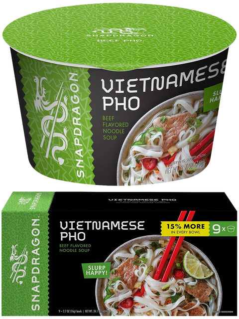 Instant Pho Noodle Bowls Bundle. Includes Nine - 2.7 Oz Snapdragon Vietnamese Pho Bowls in Beef Broth Soup! Our Bowls are 15% Bigger than Other Package.