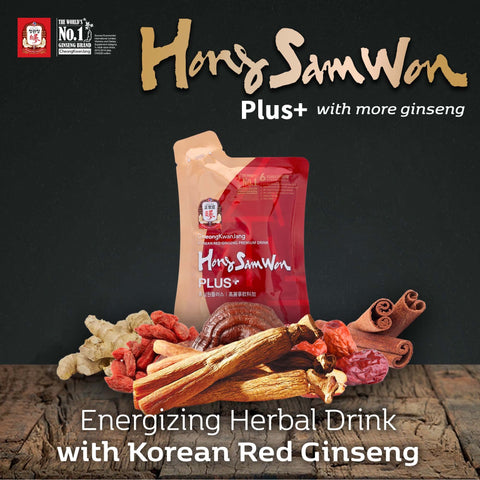 Korean Red Ginseng Energy Boost Drink with Reishi Mushroom, Ginger Extract, Goji Berry [CheongKwanJang - Hong Sam Won Plus] Caffeine Free Herbal Tea, Increase Productivity - 30 Pouches