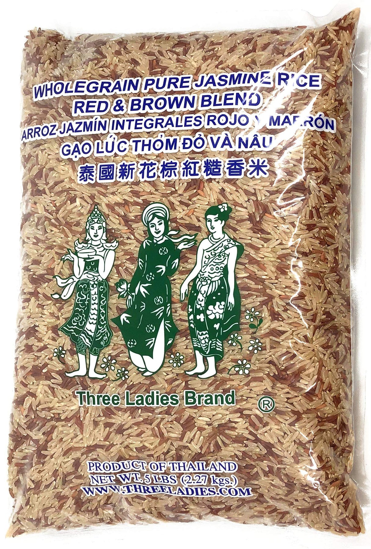 5 Pounds Three Ladies Brand Whole Grain Pure Jasmine Rice Red & Brown Blend (One Bag)